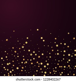 Gold stars random luxury sparkling confetti. Scattered small gold particles on red maroon background. Amazing festive overlay template. Juicy vector illustration.