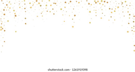 Gold stars random luxury sparkling confetti. Scattered small gold particles on white background. Awesome festive overlay template. Uncommon vector illustration.