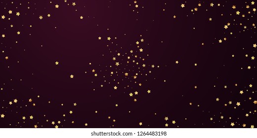 Gold stars random luxury sparkling confetti. Scattered small gold particles on red maroon background. Astonishing festive overlay template. Wonderful vector illustration.
