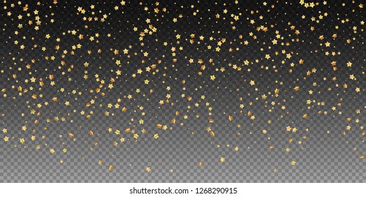 Gold stars random luxury sparkling confetti. Scattered small gold particles on transparent background. Breathtaking festive overlay template. Radiant vector illustration.