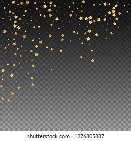 Gold stars random luxury sparkling confetti. Scattered small gold particles on transparent background. Alive festive overlay template. Gorgeous vector illustration.