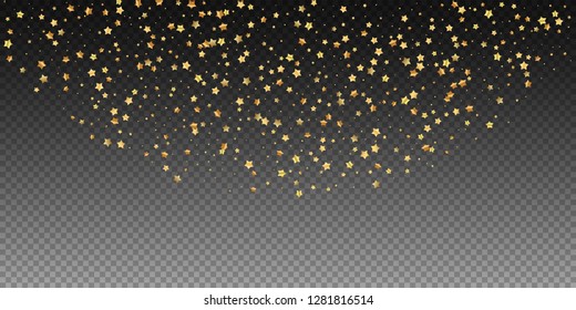 Gold stars random luxury sparkling confetti. Scattered small gold particles on transparent background. Captivating festive overlay template. Nice vector illustration.