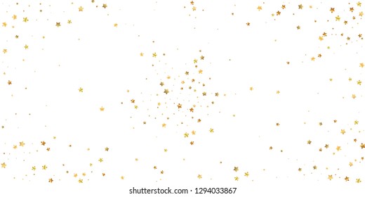 Gold stars random luxury sparkling confetti. Scattered small gold particles on white background. Astonishing festive overlay template. Worthy vector illustration.