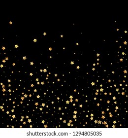 Gold stars random luxury sparkling confetti. Scattered small gold particles on black background. Adorable festive overlay template. Marvelous vector illustration.