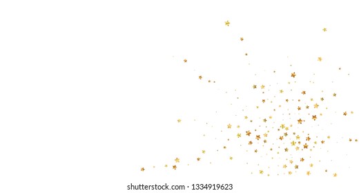 Gold stars random luxury sparkling confetti. Scattered small gold particles on white background. Attractive festive overlay template. Shapely vector illustration.