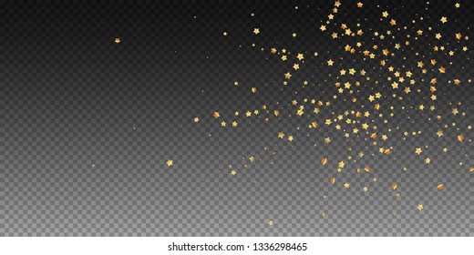 Gold stars random luxury sparkling confetti. Scattered small gold particles on transparent background. Attractive festive overlay template. Fascinating vector illustration.
