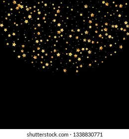Gold stars random luxury sparkling confetti. Scattered small gold particles on black background. Amusing festive overlay template. Marvelous vector illustration.