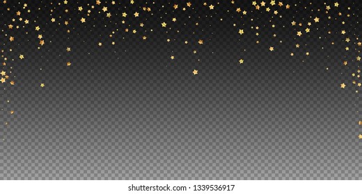 Gold stars random luxury sparkling confetti. Scattered small gold particles on transparent background. Awesome festive overlay template. Trending vector illustration.