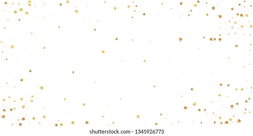 Gold stars random luxury sparkling confetti. Scattered small gold particles on white background. Charming festive overlay template. Authentic vector illustration.