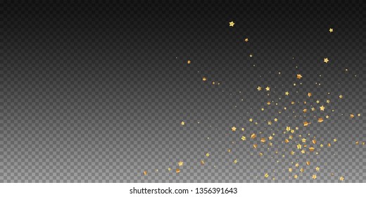 Gold stars random luxury sparkling confetti. Scattered small gold particles on transparent background. Attractive festive overlay template. Resplendent vector illustration.