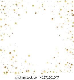 Gold stars random luxury sparkling confetti. Scattered small gold particles on white background. Appealing festive overlay template. Graceful vector illustration.