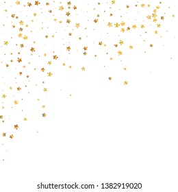 Gold stars random luxury sparkling confetti. Scattered small gold particles on white background.  Graceful vector illustration.