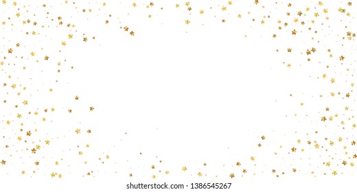 Gold stars random luxury sparkling confetti. Scattered small gold particles on white background. Charming festive overlay template. Imaginative vector illustration.