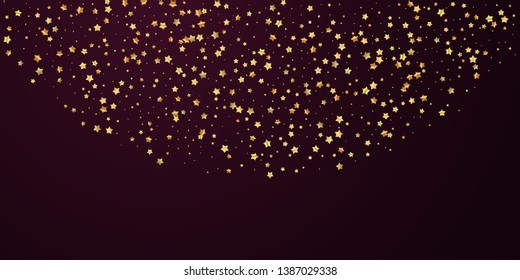 Gold stars random luxury sparkling confetti. Scattered small gold particles on red maroon background. Captivating festive overlay template. Neat vector illustration.