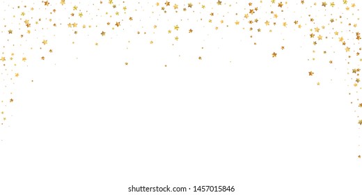 Gold stars random luxury sparkling confetti. Scattered small gold particles on white background. Beauteous festive overlay template. Precious vector illustration.