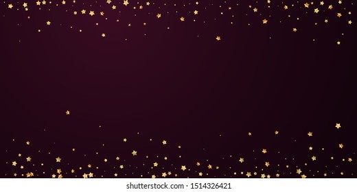 Gold stars random luxury sparkling confetti. Scattered small gold particles on red maroon background. Artistic festive overlay template. Pleasant vector illustration.