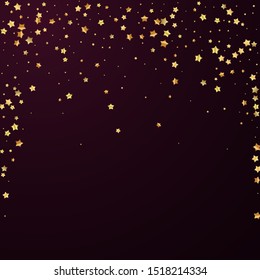 Gold stars random luxury sparkling confetti. Scattered small gold particles on red maroon background. Admirable festive overlay template. Quaint vector illustration.