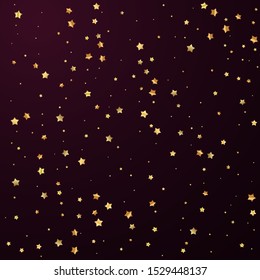 Gold stars random luxury sparkling confetti. Scattered small gold particles on red maroon background. Alluring festive overlay template. Emotional vector illustration.