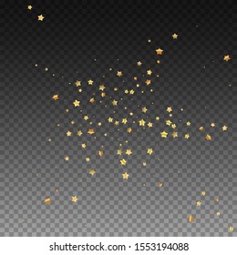 Gold stars random luxury sparkling confetti. Scattered small gold particles on transparent background. Admirable festive overlay template. Fabulous vector illustration.