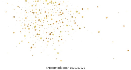 Gold stars random luxury sparkling confetti. Scattered small gold particles on white background. Awesome festive overlay template. Authentic vector illustration.