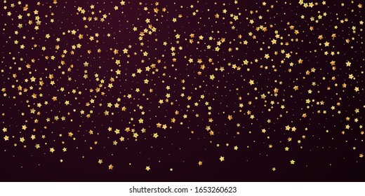 Gold stars random luxury sparkling confetti. Scattered small gold particles on red maroon background. Breathtaking festive overlay template. Quaint vector illustration.
