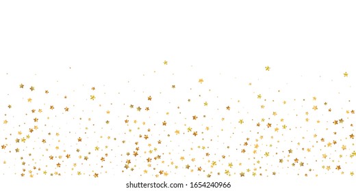 Gold stars random luxury sparkling confetti. Scattered small gold particles on white background. Brilliant festive overlay template. Cute vector illustration.