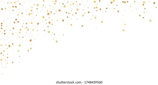 Gold stars random luxury sparkling confetti. Scattered small gold particles on white background. Bewitching festive overlay template. Fresh vector illustration.