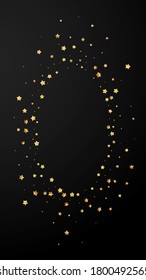 Gold stars random luxury sparkling confetti. Scattered small gold particles on black background. Dramatic festive overlay template. Unique vector background.