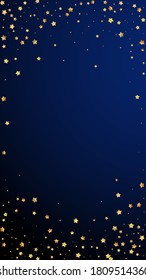 Gold stars random luxury sparkling confetti. Scattered small gold particles on dark blue background. Ecstatic festive overlay template. Curious vector background.