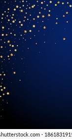 Gold stars random luxury sparkling confetti. Scattered small gold particles on dark blue background. Elegant festive overlay template. Unequaled vector background.