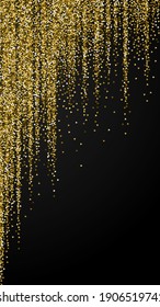 Gold stars random luxury sparkling confetti. Scattered small gold particles on dark blue background. Eminent festive overlay template. Pleasing vector background.
