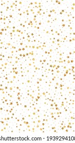 Gold stars random luxury sparkling confetti. Scattered small gold particles on white background. Exceptional festive overlay template. Bold vector background.