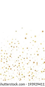 Gold stars random luxury sparkling confetti. Scattered small gold particles on white background. Energetic festive overlay template. Artistic vector background.