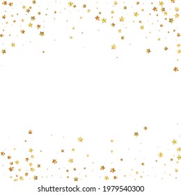 Gold stars random luxury sparkling confetti. Scattered small gold particles on white background. Alive festive overlay template. Artistic vector illustration.