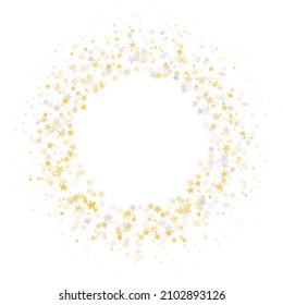 Gold stars round frame background. Christmas golden round frame, circle wreath, greeting card round pattern. Holidays backdrop. Vector illustration