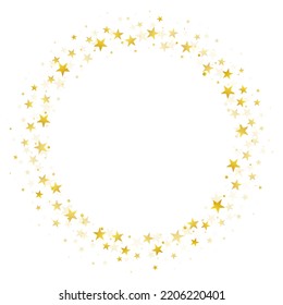Gold stars round frame background. Christmas golden round frame, circle wreath, greeting card round pattern. Holidays backdrop. vector illustration