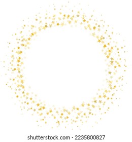 Gold stars round frame background. Christmas golden round frame, circle wreath, greeting card round pattern. Holidays backdrop. Vector illustration