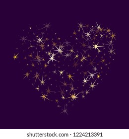 Gold stars scatter on dark violet. Geometric metallic tinsels vector background. Bright star sparkles wallpaper. Xmas card decoration graphic design.