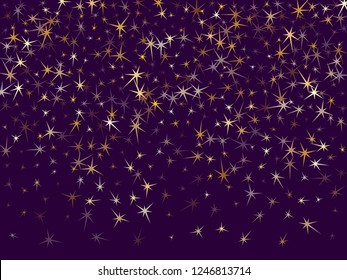 Gold stars scatter on dark violet. Geometric metallic stardust vector background. Magic star sparkles poster backdrop. Fireworks flying elements decoration graphic design.