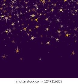 Gold stars scatter on dark violet. Geometric metallic starburst vector background. Bright star sparkles wallpaper. Galaxy objects decoration graphic design.