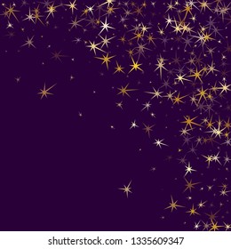 Gold stars scatter on dark violet. Geometric metallic starry vector background. Shiny star sparkles holiday print. Sky objects decoration graphic design.