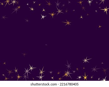 Gold stars scatter on dark violet. Geometric metallic twinkle vector background. Glowing star sparkles birthday pattern. Fireworks flying elements decoration graphic design.