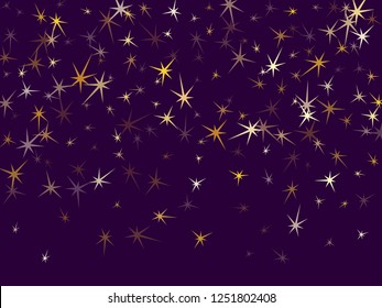 Gold stars scatter on ultra violet. Geometric metallic starburst vector background. Shiny star sparkles birthday print. Galaxy objects decoration graphic design.