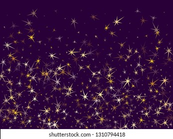 Gold stars scatter on ultra violet. Geometric metallic starry vector background. Modern star dust sparkles success symbols. Sky objects decoration graphic design.