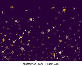 Gold stars scatter on ultra violet. Geometric metallic twinkle vector background. Shiny star sparkles holiday pattern. Fireworks flying elements decoration graphic design.