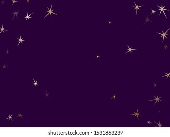 Gold stars scatter on ultra violet. Geometric metallic twinkle vector background. Bright star sparkles winner symbols. Space objects decoration graphic design.