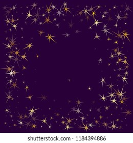Gold stars scatter on violet. Geometric metallic starburst vector background. Abstract star sparkles birthday pattern. New Year celebrate decoration graphic design.