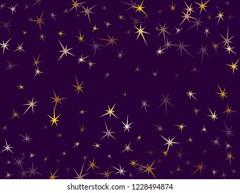 Gold stars scatter on violet. Geometric metallic stardust vector background. Glossy star sparkles banner backdrop. Galaxy objects decoration graphic design.