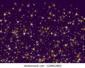 Gold stars scatter on violet. Geometric metallic tinsels vector background. Bright star sparkles ornament. Galaxy objects decoration graphic design.