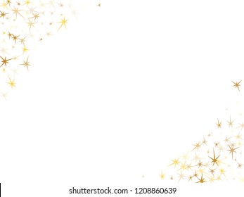 Gold stars scatter on white. Geometric metallic twinkle vector background. Modern star dust sparkles success symbols. Christmas decoration graphic design.